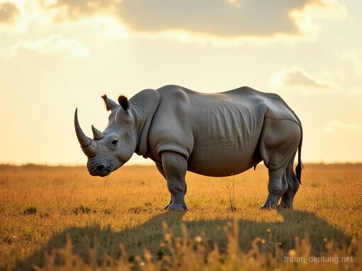 Ein weißes Nashorn steht auf einer sonnigen Savanne.