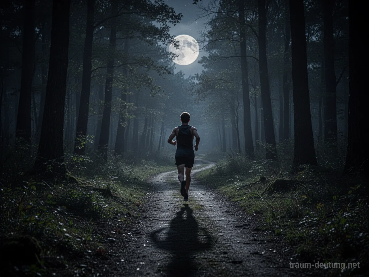 Eine Person flieht durch einen dunklen Wald bei Nacht.