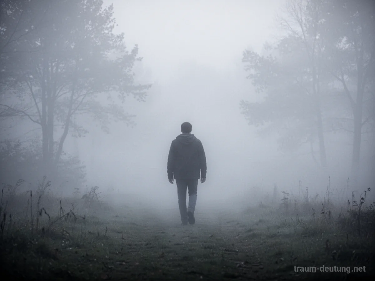 Silhouettenfigur, die durch dichten, wirbelnden Nebel geht, die Sicht ist stark eingeschränkt.