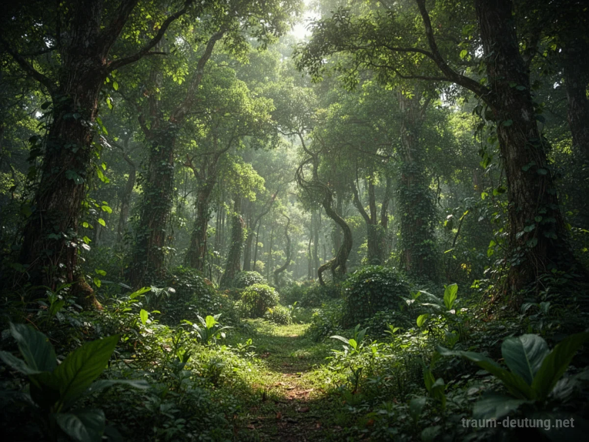 Üppige grüne Vegetation im Wald mit Sonnenlicht.