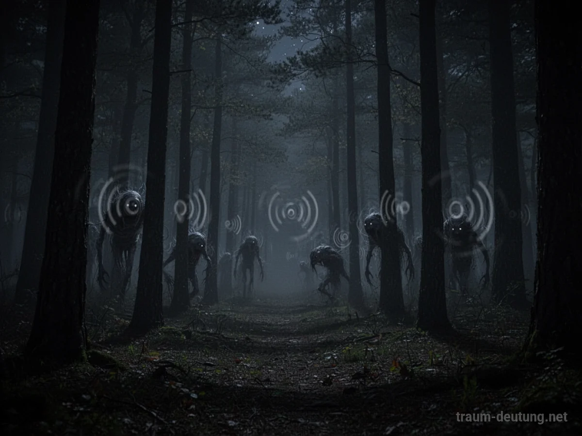 Schattenhafte Waldkulisse bei Nacht mit unheimlichen visuellen Andeutungen von Geräuschen.
