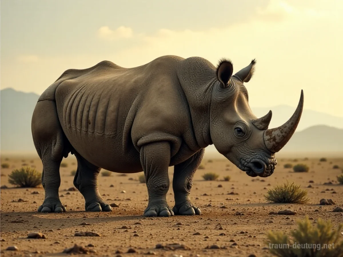 Ein verwundetes Nashorn steht in einer trockenen Landschaft.