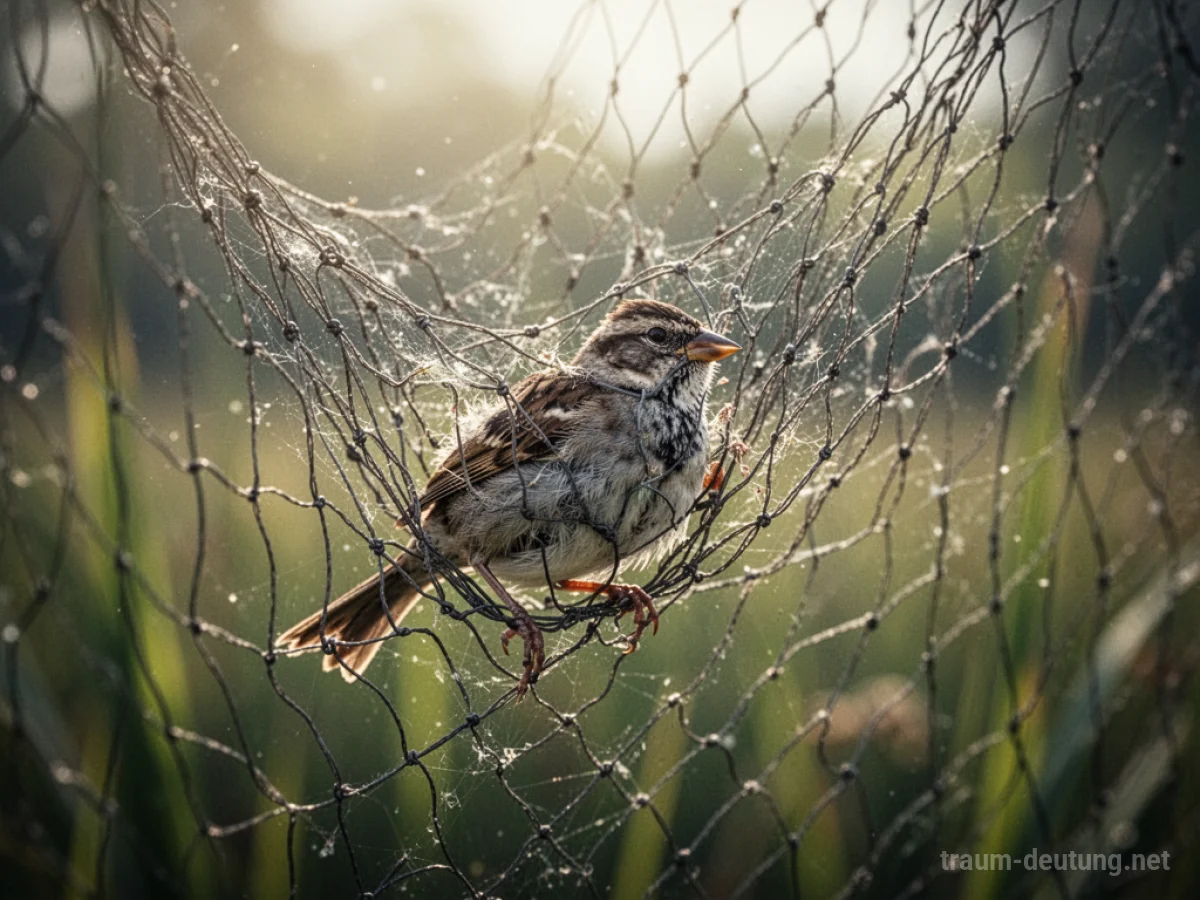 Ein kleiner Vogel ist in einem Netz gefangen, mit Sonnenlicht, das durch die Maschen fällt.