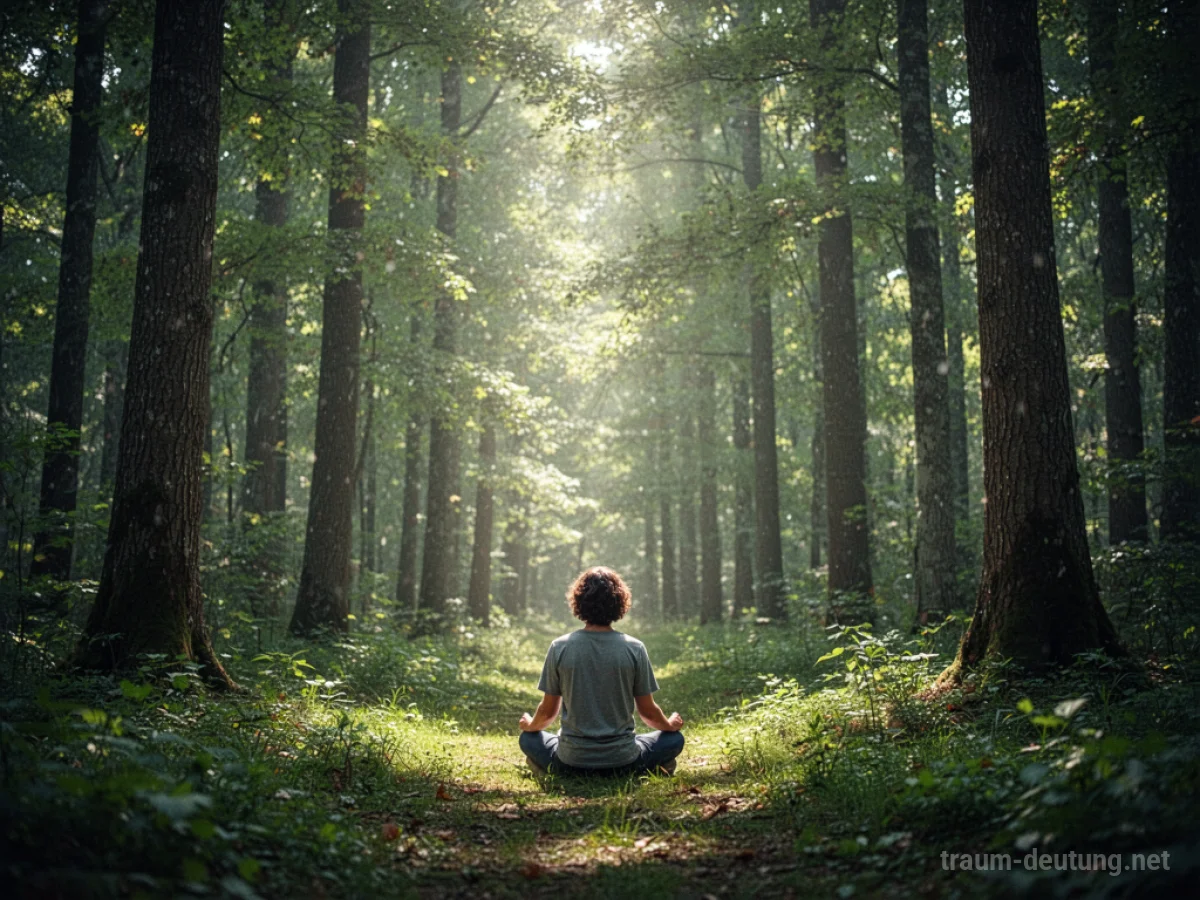 Person sitzt friedlich in einem grünen Wald, umgeben von Bäumen und Sonnenlicht.