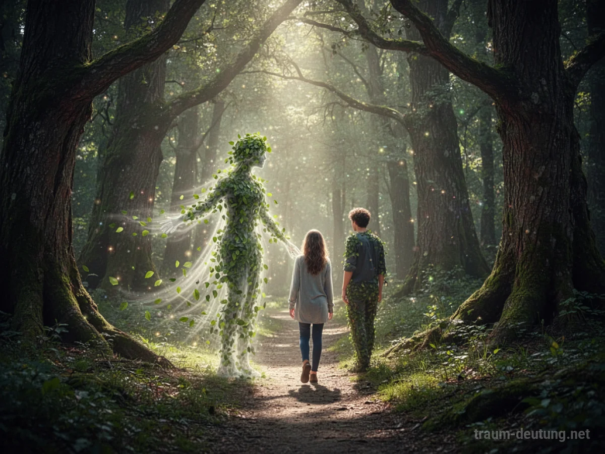 Eine Person folgt einem leuchtenden Naturgeist durch einen mystischen Wald.