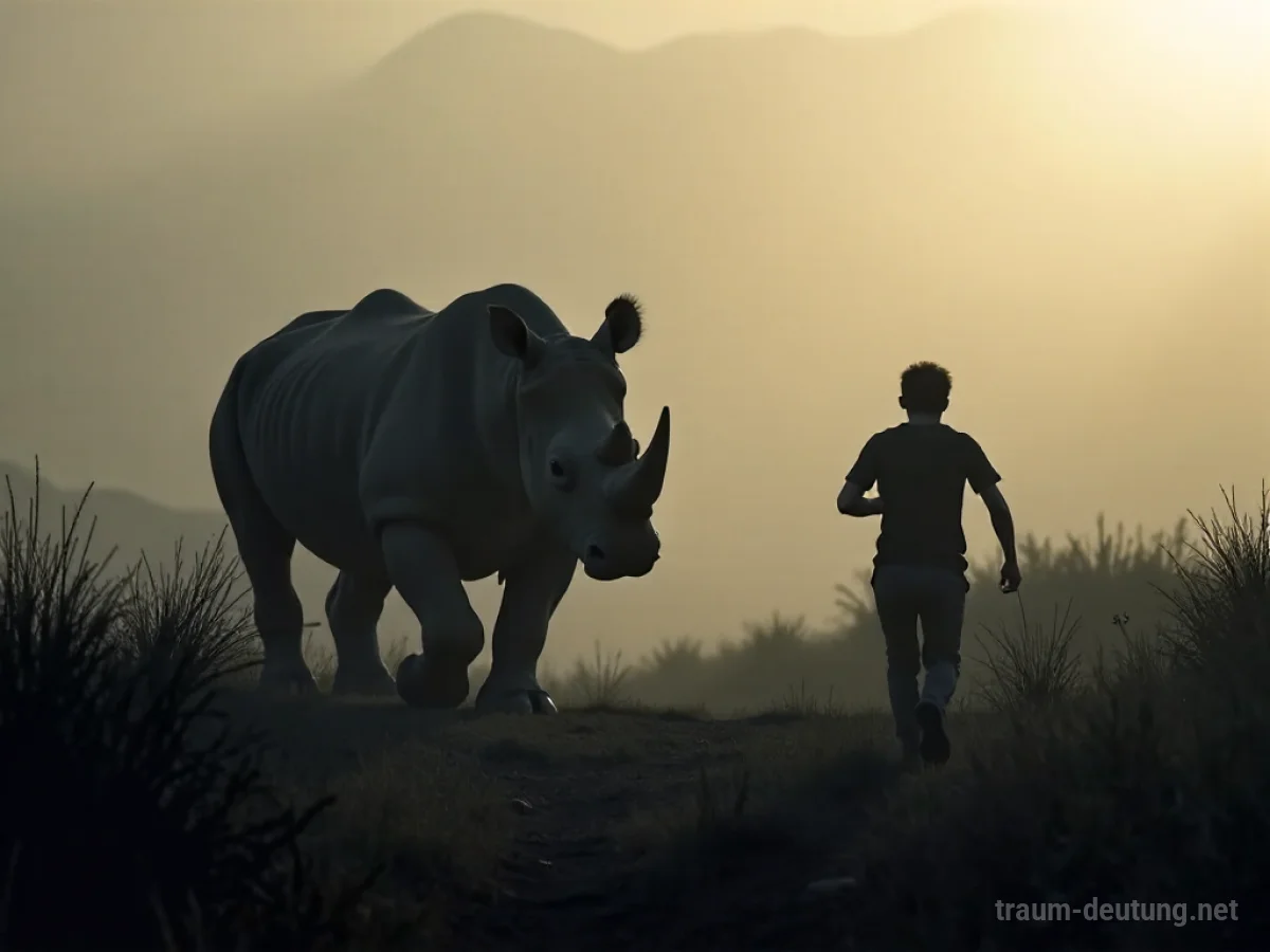 Silhouette einer Person, die vor einem Nashorn in einer nebligen Savanne flieht.