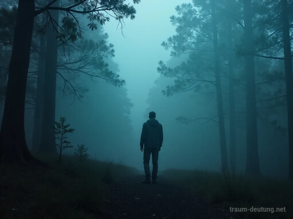 Silhouettenhafte Gestalt verbirgt sich im dichten Nebel am Waldrand