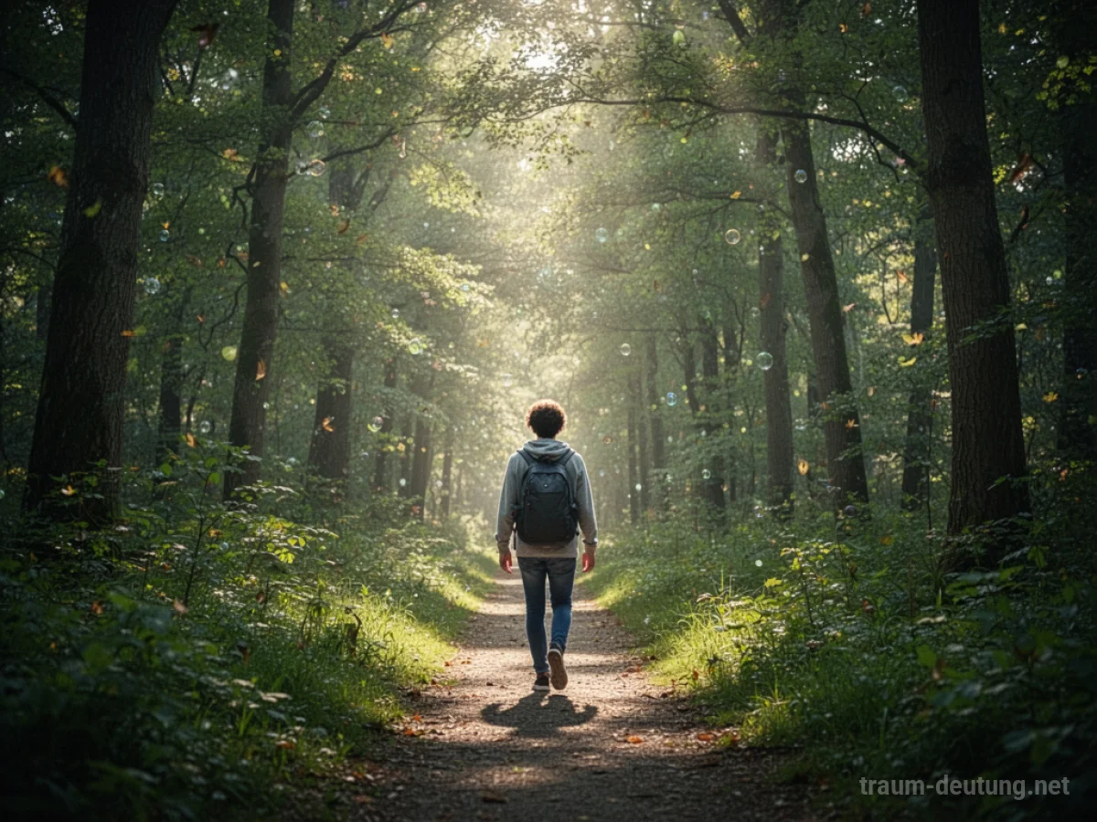 Eine Person wandert auf einem Pfad durch einen grünen Wald.