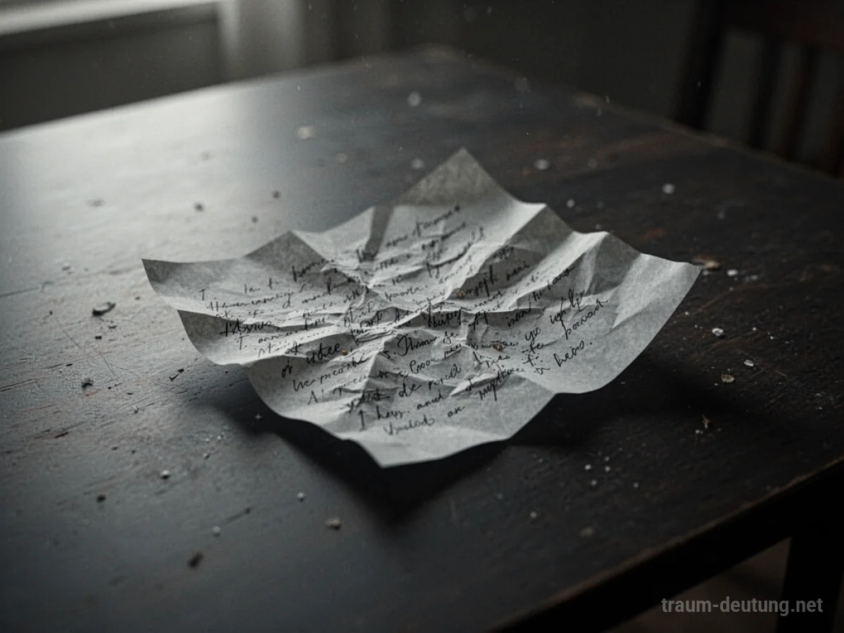 Zerknülltes Blatt Papier mit unleserlicher Schrift auf einem dunklen Tisch.