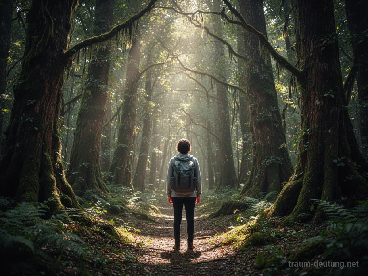 Person spürt wilde Natur in einem dichten Wald mit Sonnenstrahlen.