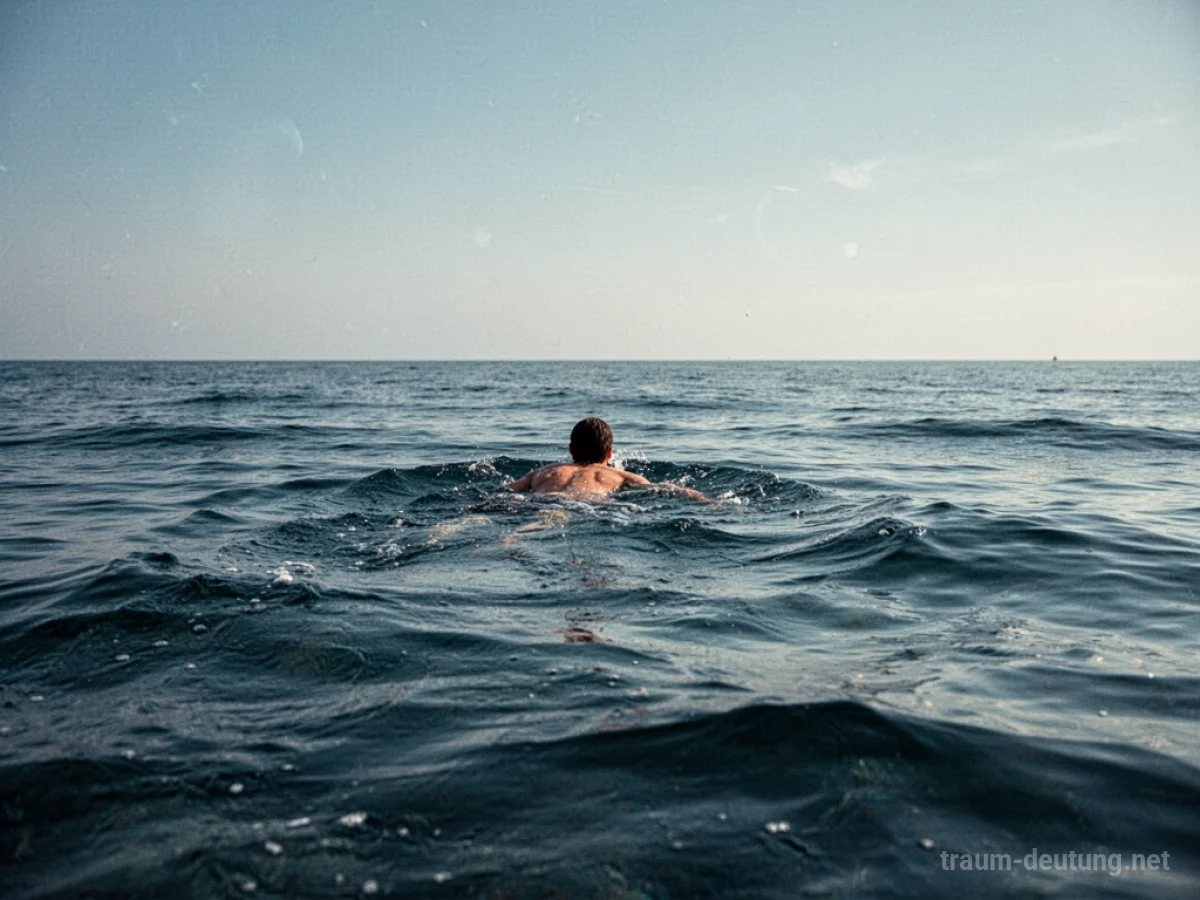 Eine Person schwimmt allein im weiten Ozean unter klarem Himmel.