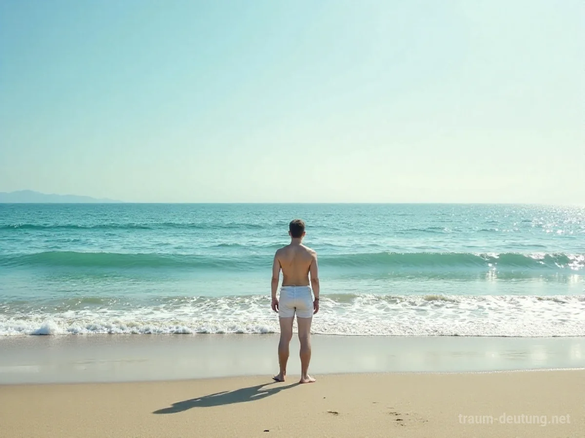Eine Person steht am Strand und blickt auf den weiten Ozean.