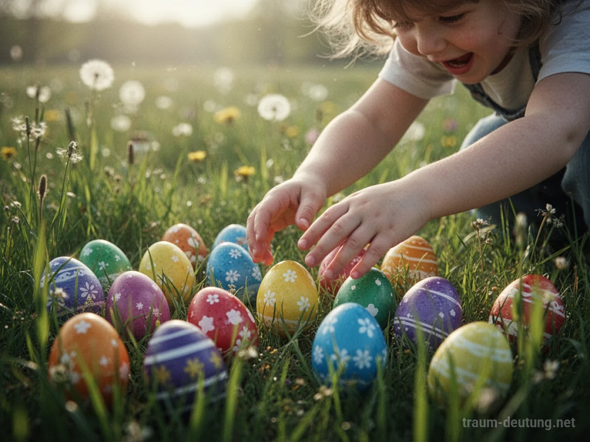 Bunte Ostereier im Gras, eine Hand greift danach