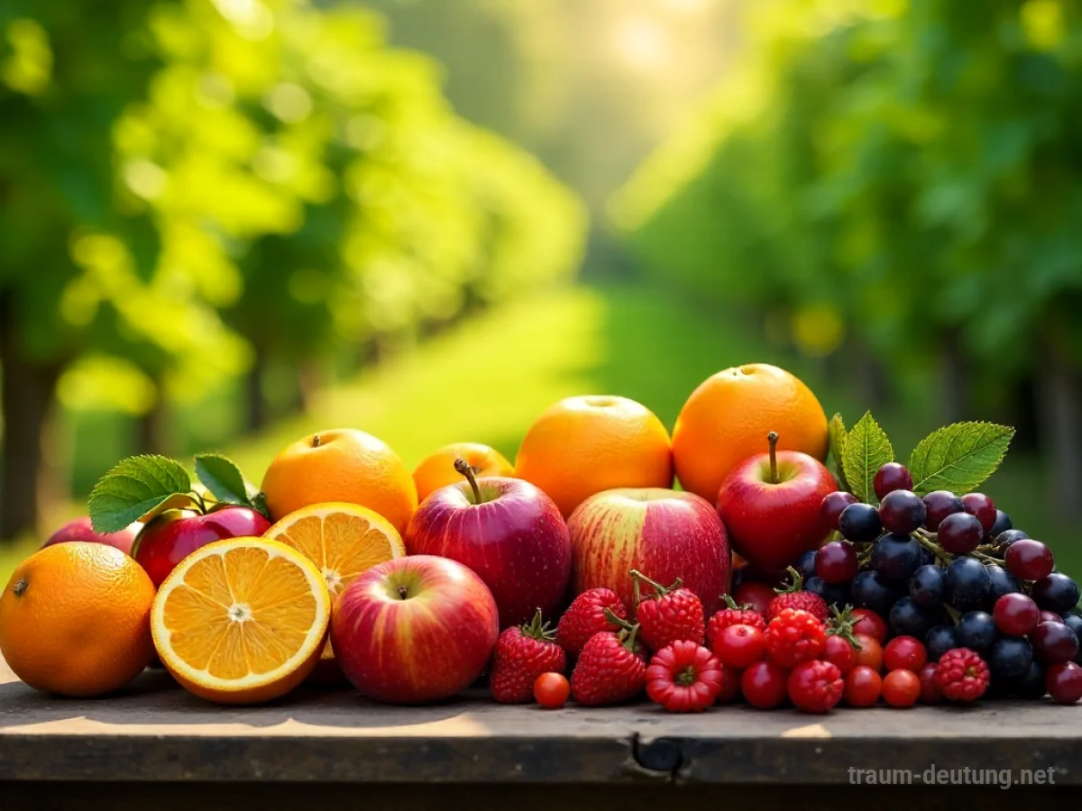 Buntes Obst auf einem Holztisch in einem sonnigen Garten