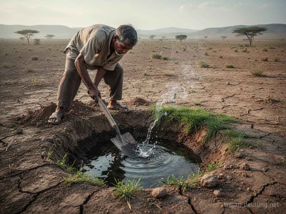 Person gräbt eine Oase im trockenen Boden, Wasser beginnt zu erscheinen