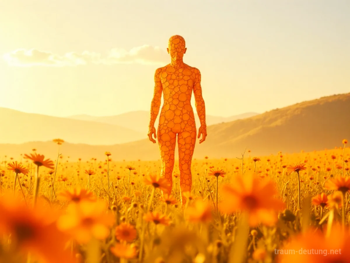 Menschliche Figur aus leuchtenden Orangensegmenten auf einem sonnenbeschienenen Feld
