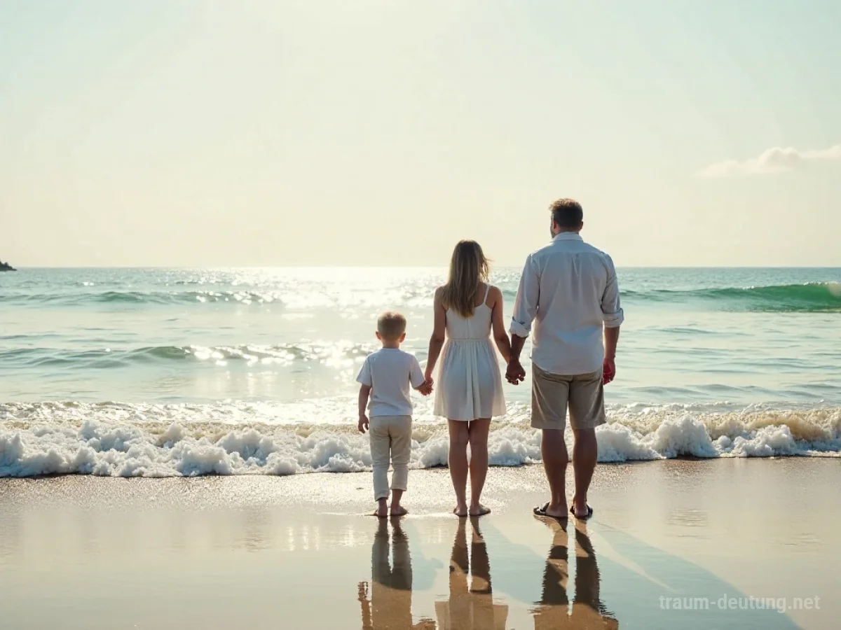 Familie steht am Strand und blickt auf einen ruhigen Ozean.