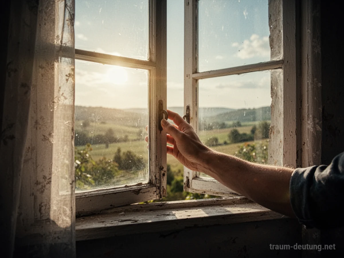 Eine Hand öffnet ein Fenster, durch das helles Sonnenlicht fällt.