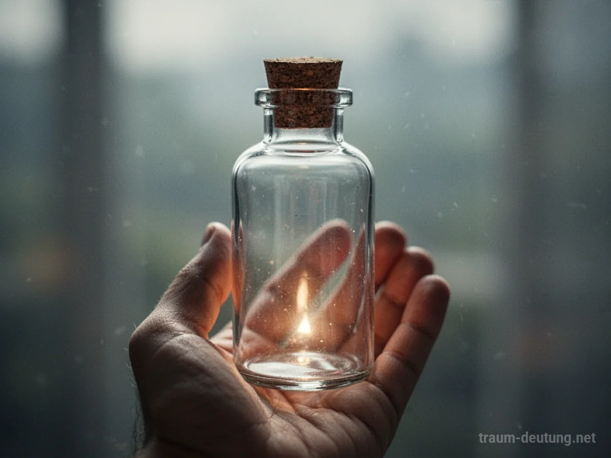 Hand öffnet eine Glasflasche, aus der ein sanftes Licht dringt.
