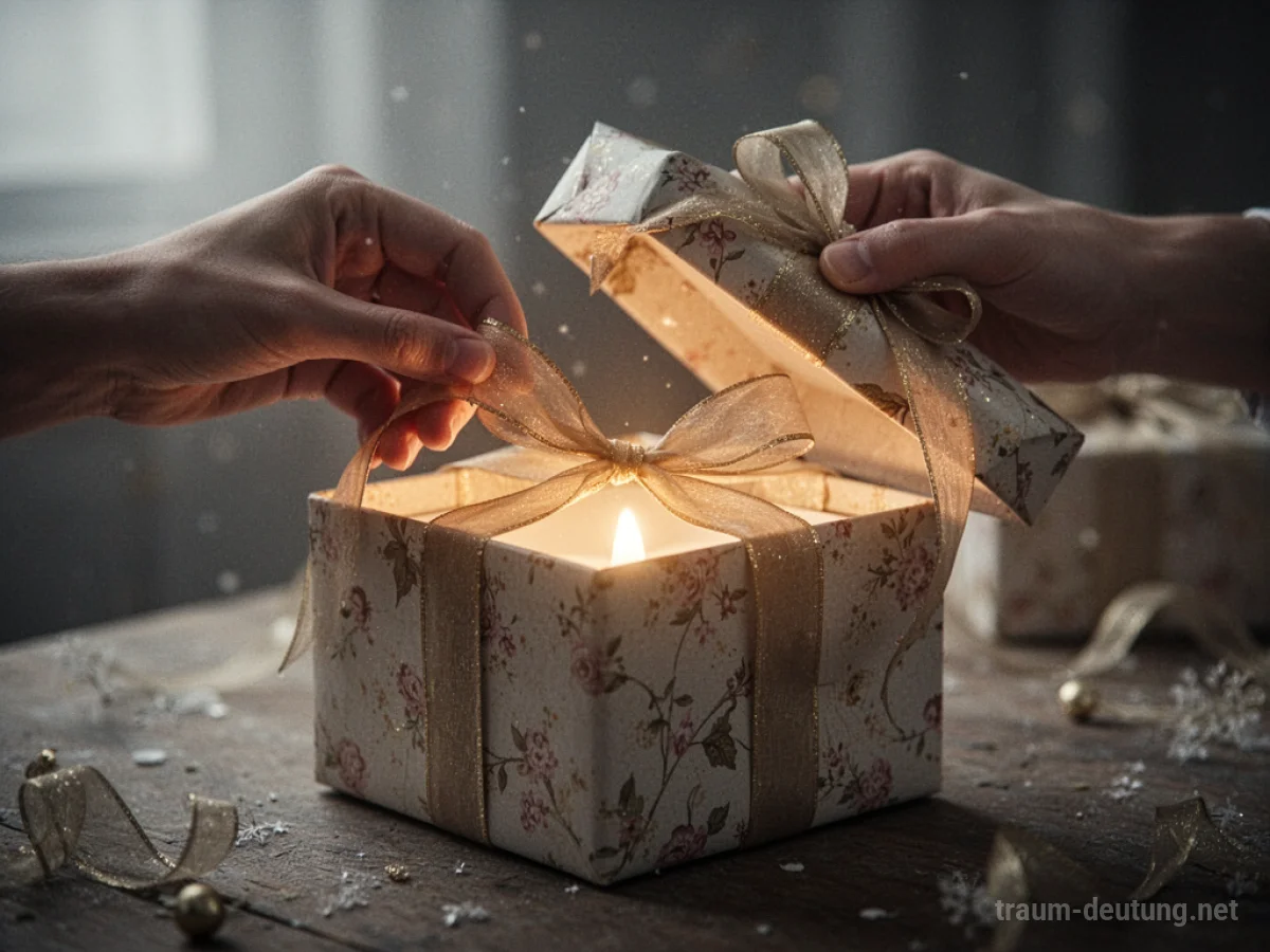 Hände öffnen ein Geschenk mit einem leuchtenden Inneren