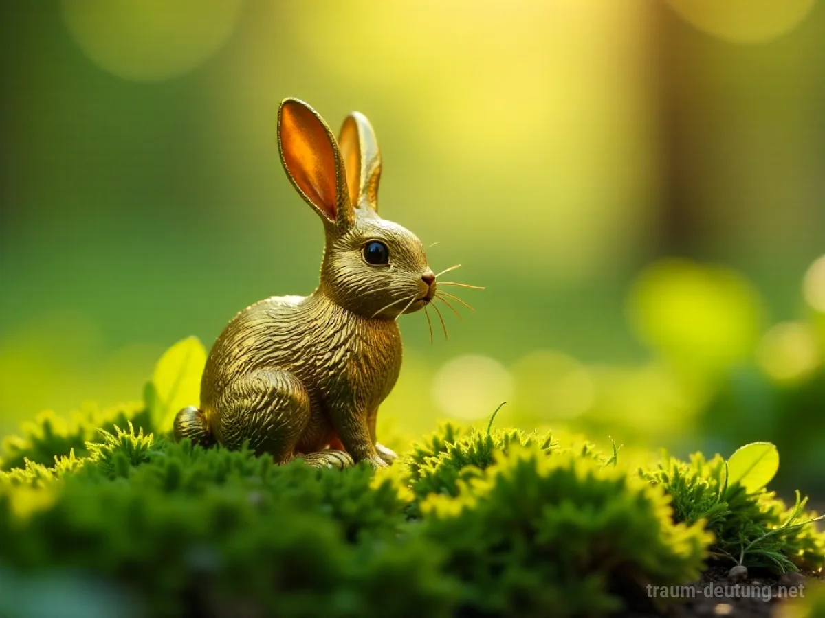 Ein goldener Osterhase auf moosigem Untergrund im sanften Sonnenlicht