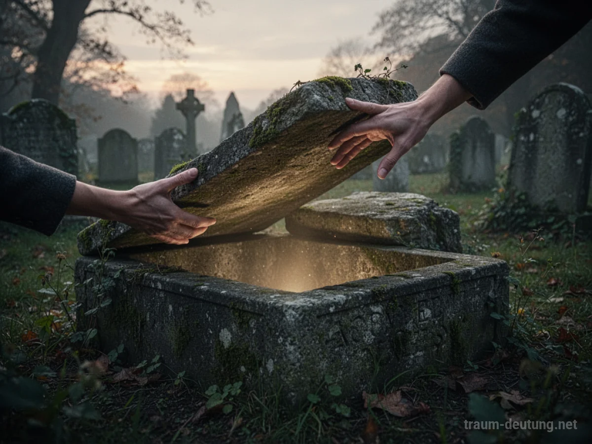 Eine Hand öffnet einen steinernen Sargdeckel in einem Friedhof bei Morgengrauen.