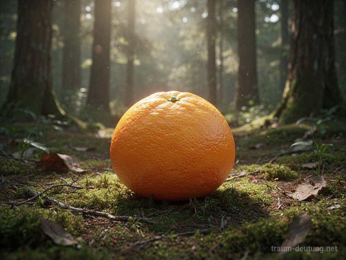 Eine große, saftige Orange liegt auf einem moosbewachsenen Waldboden.