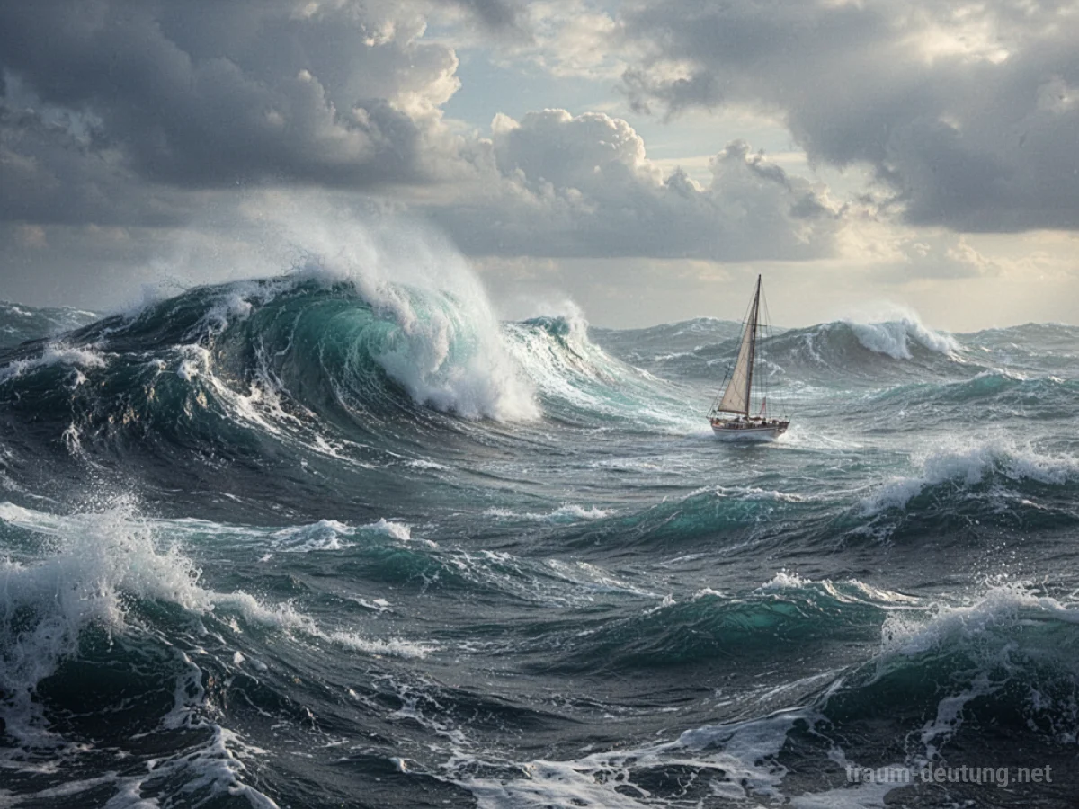 Hohe Wellen auf dem Ozean mit einem kleinen Segelboot