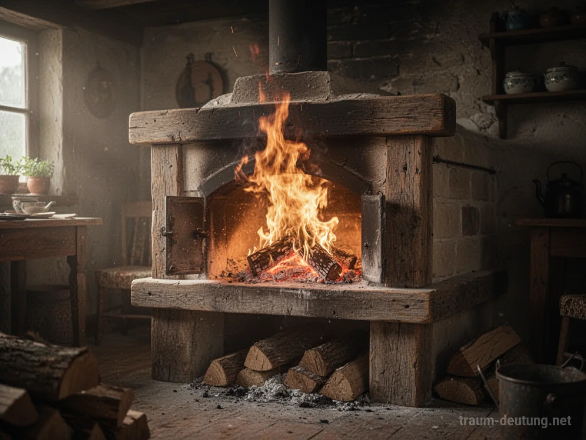 Holzofen mit Flammen im Inneren