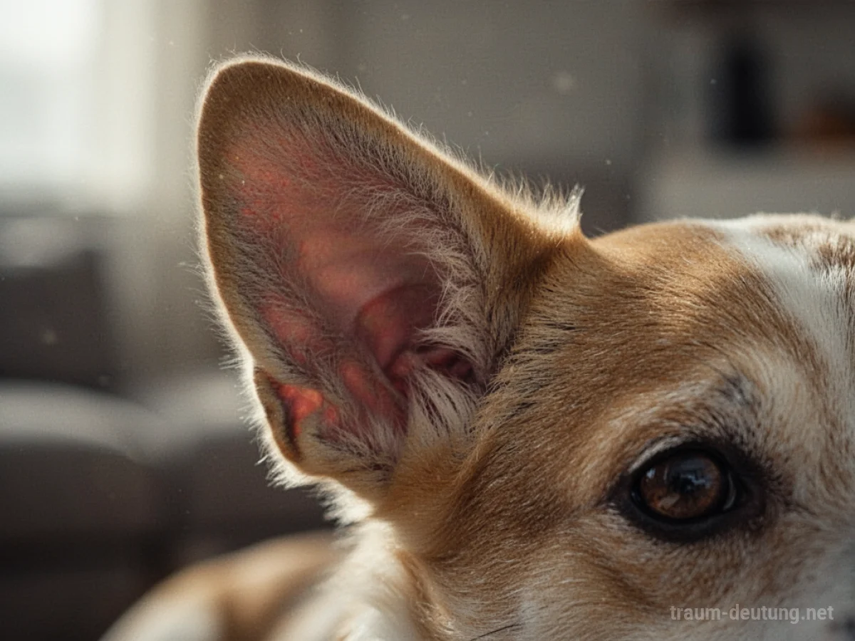 Nahaufnahme eines Hundeohrs im Traum, detailliert und scharf abgebildet.