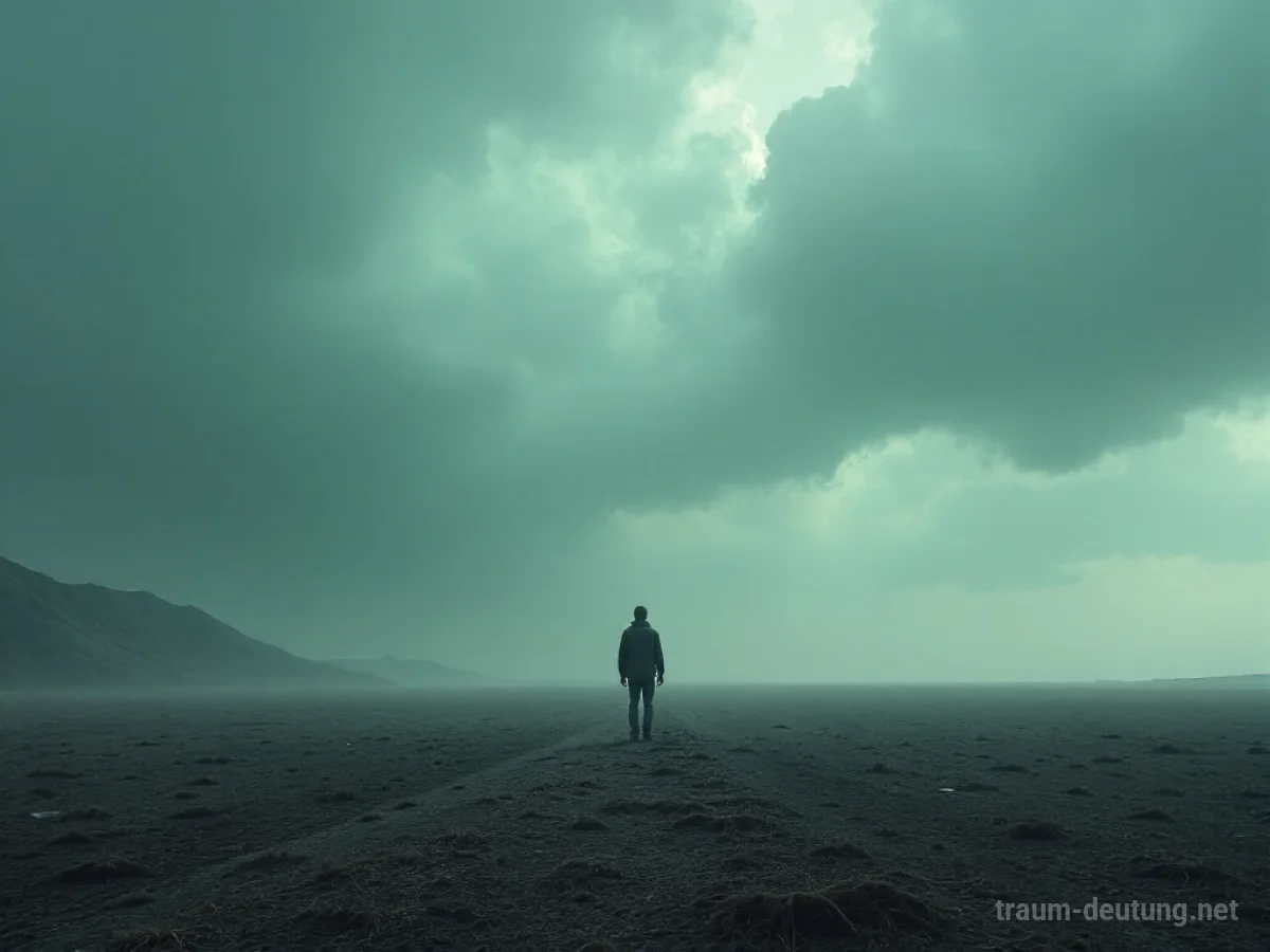 Eine einzelne Person steht allein in einer weiten, leeren Landschaft unter dunklen Wolken.