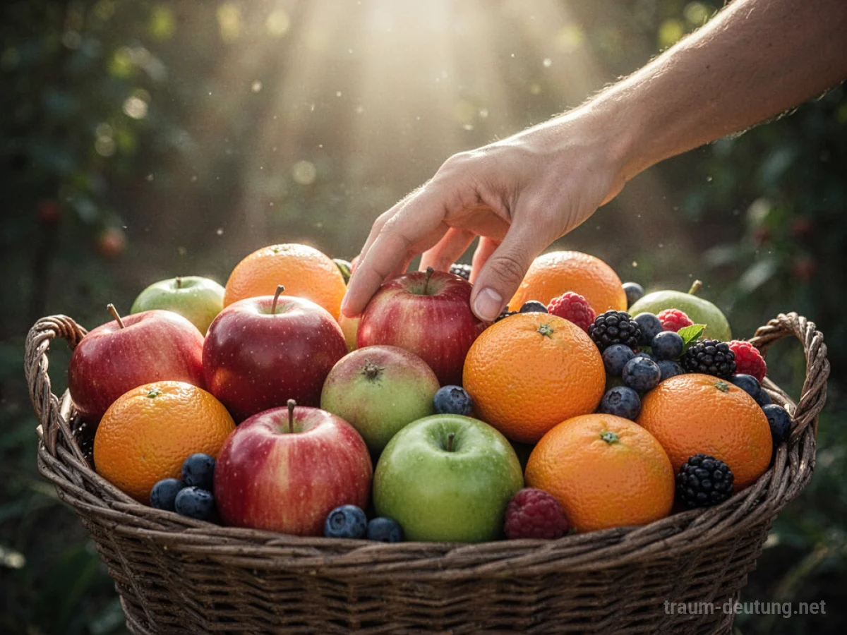 Hand greift nach reifem Obst in einem Korb