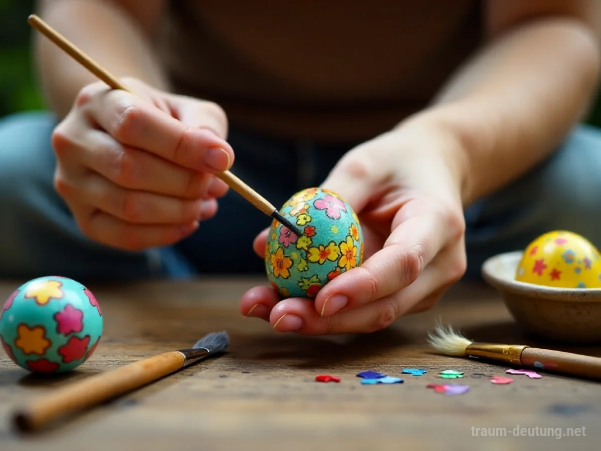 Hände malen bunte Muster auf ein Osterei.