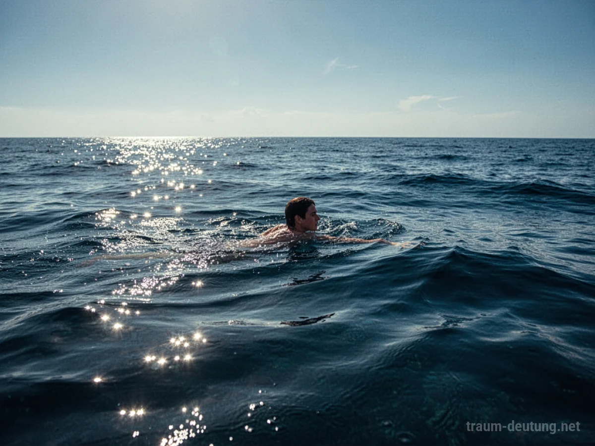 Person schwimmt im weiten, blauen Ozean unter klarem Himmel.
