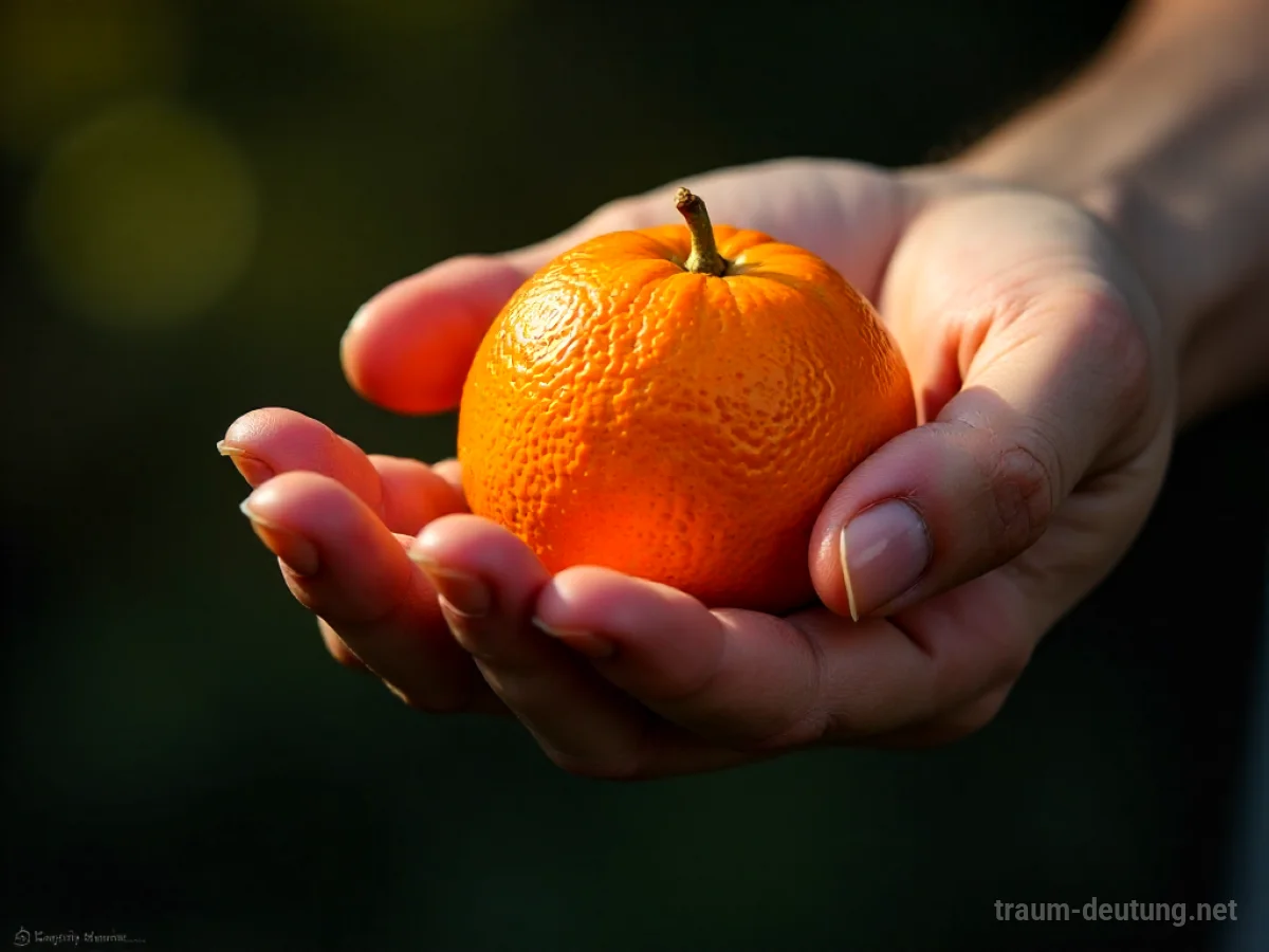 Eine Hand reicht eine leuchtend orangefarbene Frucht an eine andere Hand.