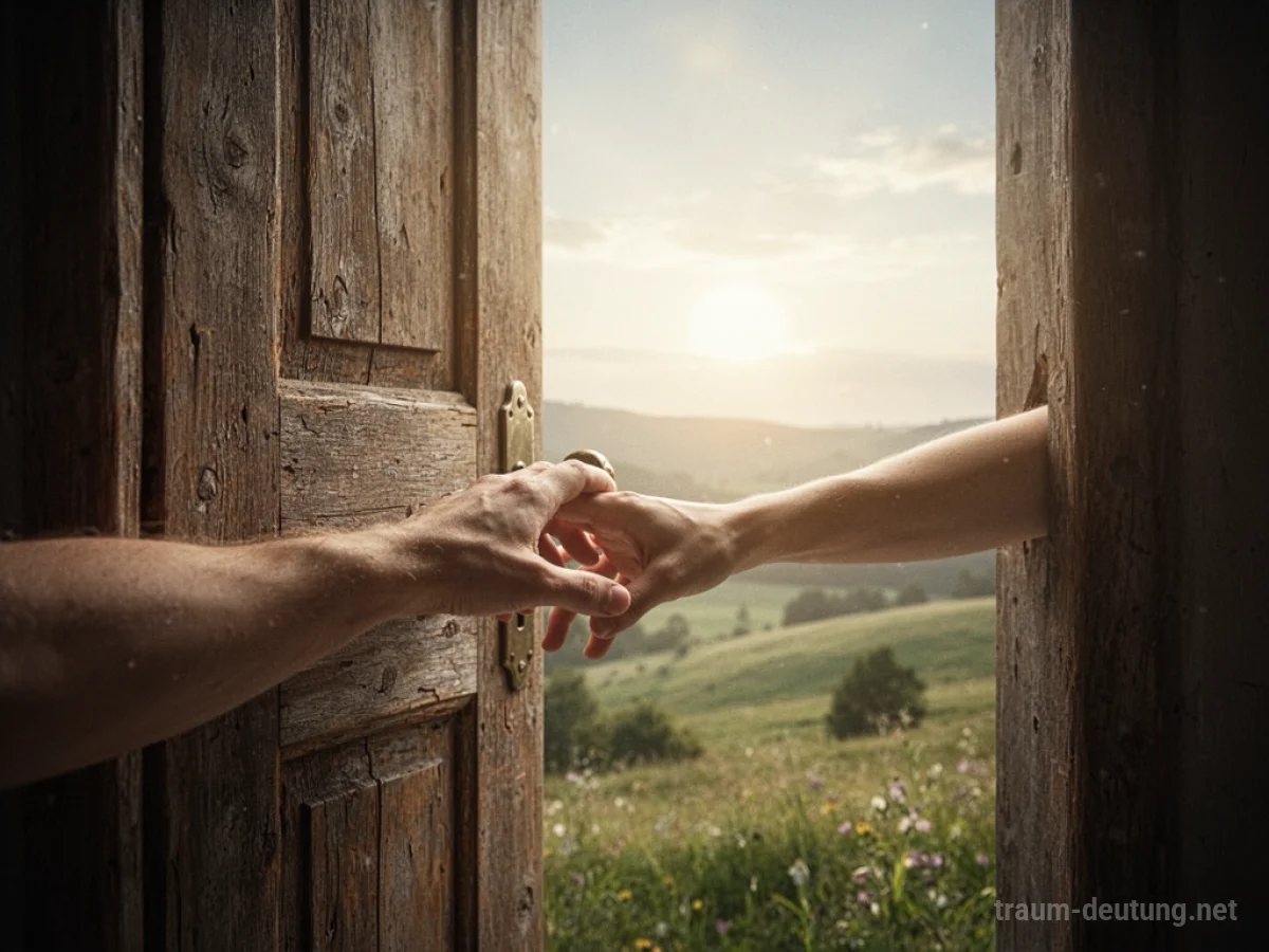 Eine Hand öffnet eine Tür zu einer sonnendurchfluteten Landschaft.