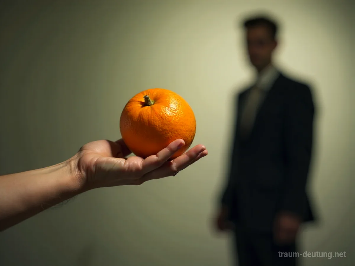 Eine Hand wirft eine Orange auf eine unscharfe Figur