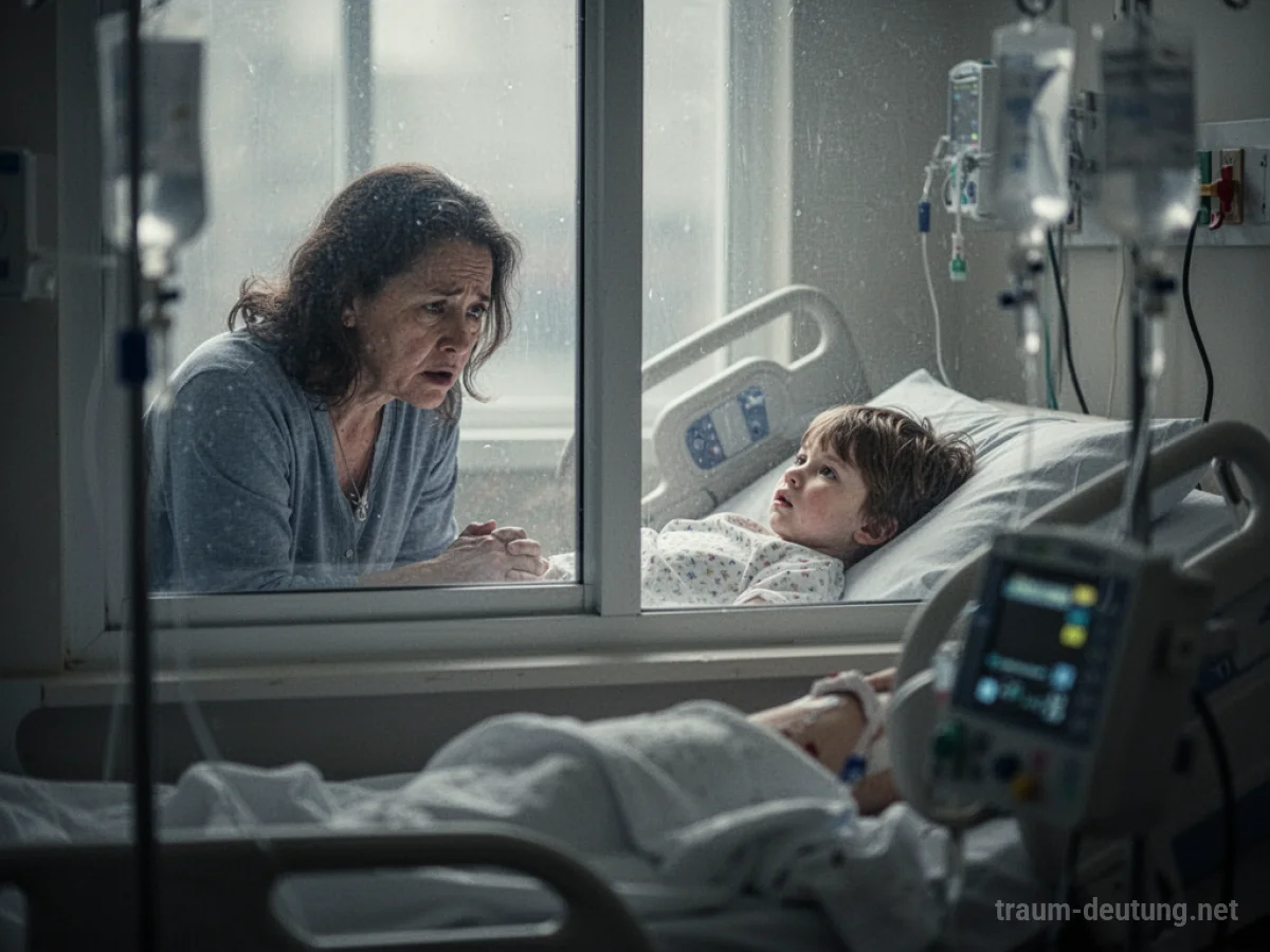 Besorgte Eltern blicken durch ein Fenster auf ein Kind im Krankenhausbett.