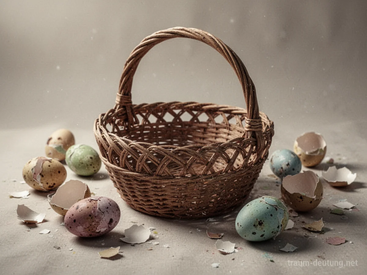 Ein leeres Osternest mit verstreuten Eierschalen auf neutralem Hintergrund