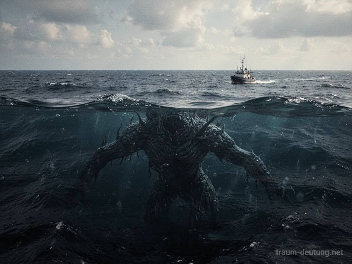 Dunkler Ozean mit der Silhouette eines Monsters unter der Oberfläche, ein kleines Boot in der Ferne.
