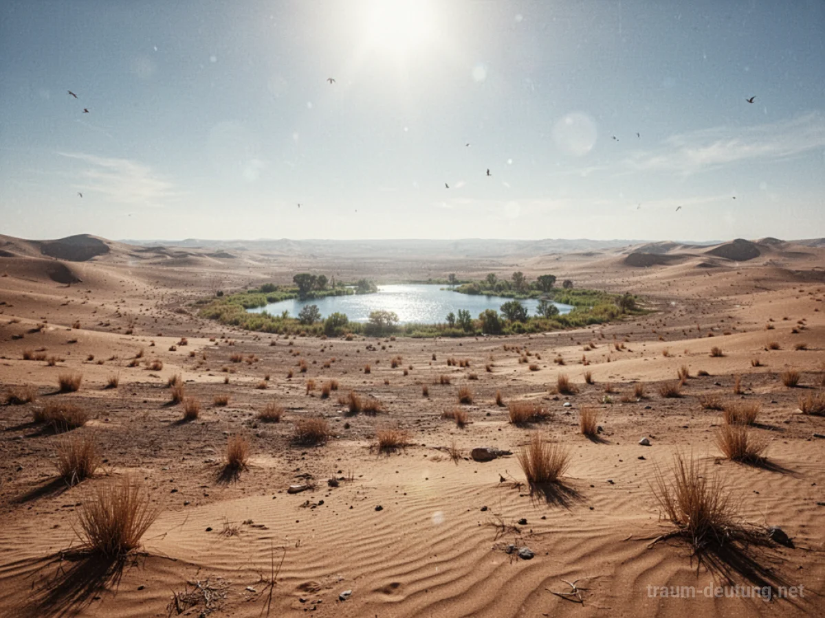 Eine Oase am Horizont in einer Wüstenlandschaft