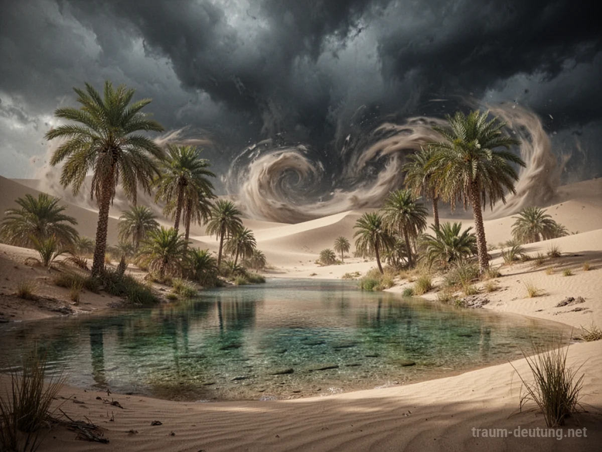Eine Oase mit Palmen und Wasser inmitten eines tobenden Sandsturms