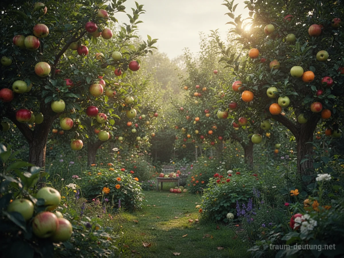 Reifer Obstbaum in einem sonnigen Garten voller Früchte