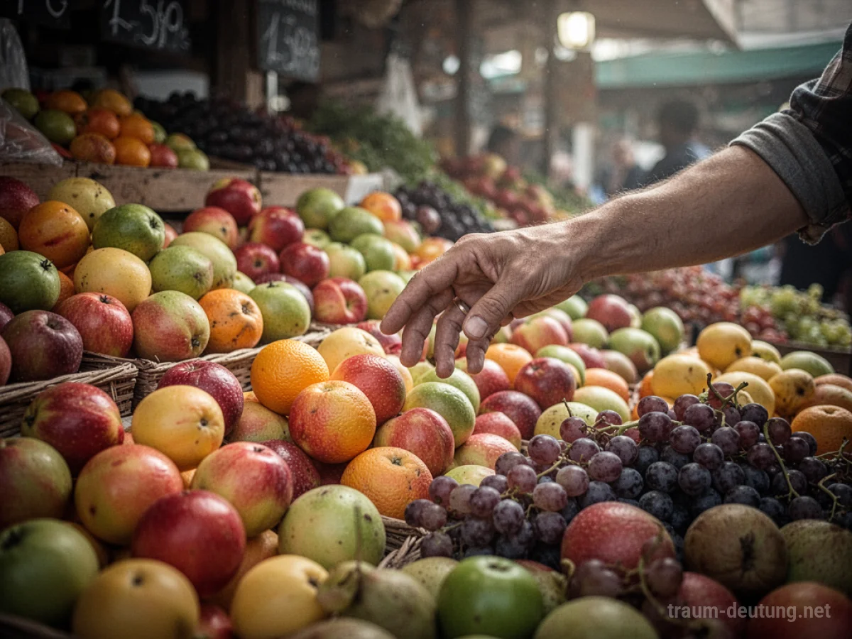 Bunte Auswahl an frischem Obst auf einem Marktstand, eine Hand greift danach.