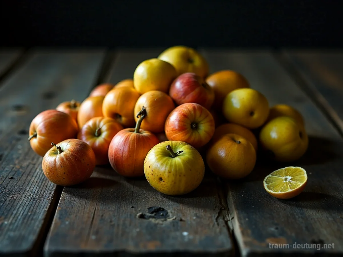 Verdorbenes Obst auf einem Holztisch im Zwielicht