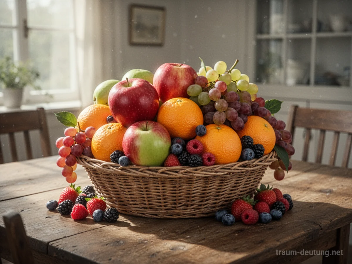 Ein voller Obstkorb mit verschiedenen Früchten auf einem Tisch