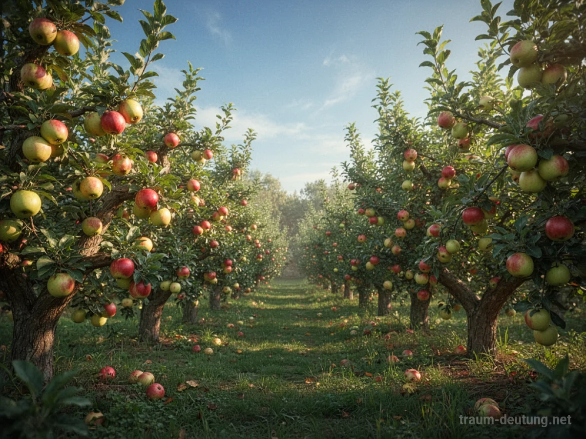 Sonnendurchflutete Obstplantage mit reifen Früchten an den Bäumen.