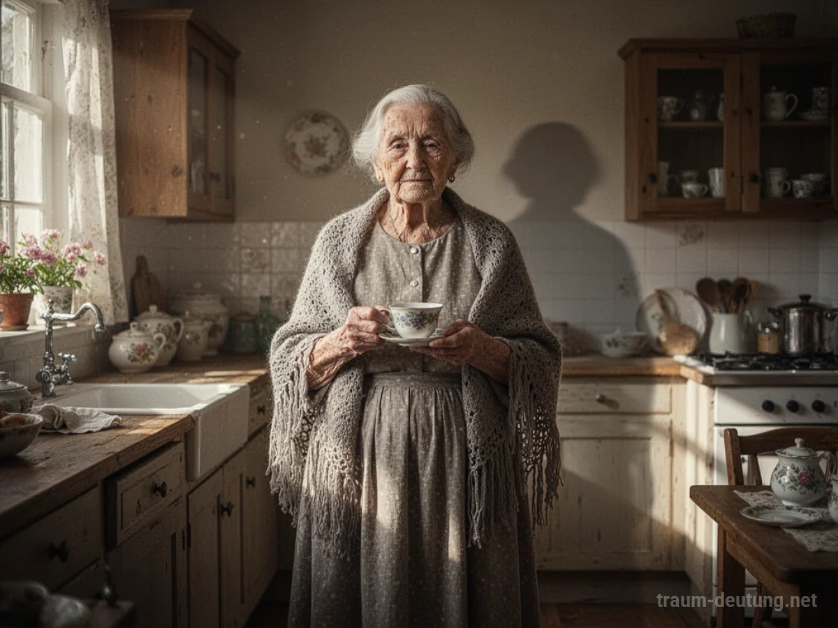 Oma in einer gemütlichen Küche, mit einem schwachen Schatten hinter sich.