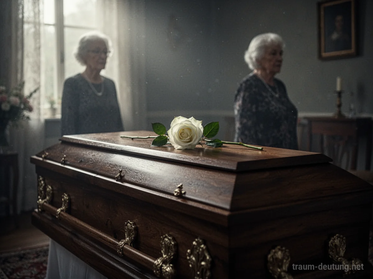 Ein geschlossener Sarg mit einer Rose darauf in einem dunklen Raum.