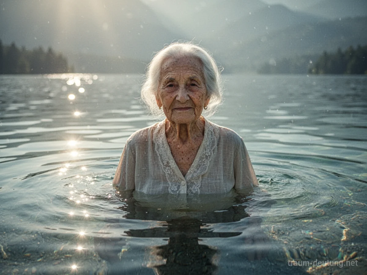 Eine ältere Frau steht ruhig in klarem Wasser.